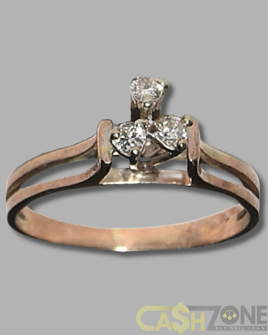 LADIES 9CT YELLOW GOLD RING HIGH SET w 3 CLEAR STONES