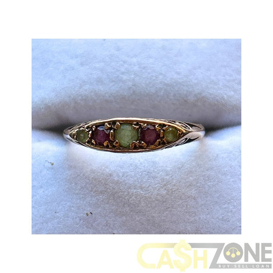 9CT Ladies Yellow Gold Ring W/Green & Red Stones