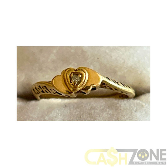 9CT Ladies Yellow Gold Patterned 'Never Apart' Clear Stone Heart Ring