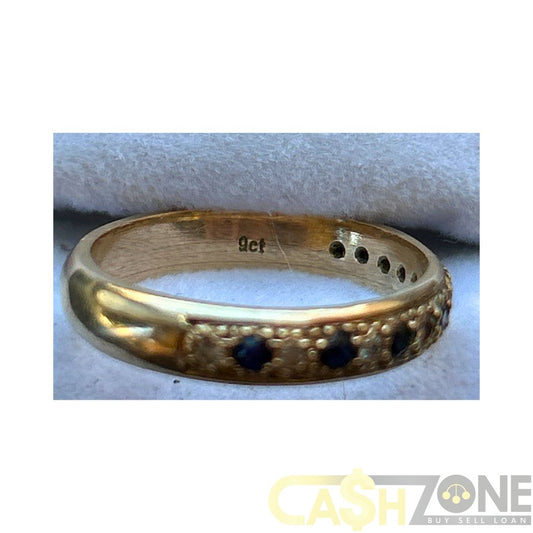 9CT Yellow Gold Ladies Ring W/ Dark Blue & Clear Stones