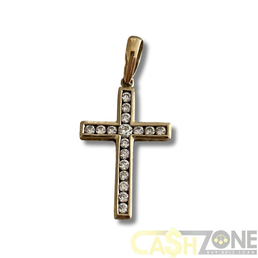 9CT Yellow Gold Cross Pendant W/ Clear Stones