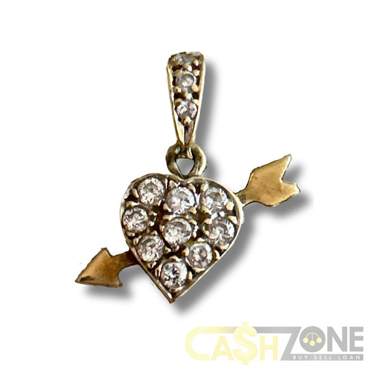 9CT Yellow Gold Heart & Arrow Pendant W/Clear Stones