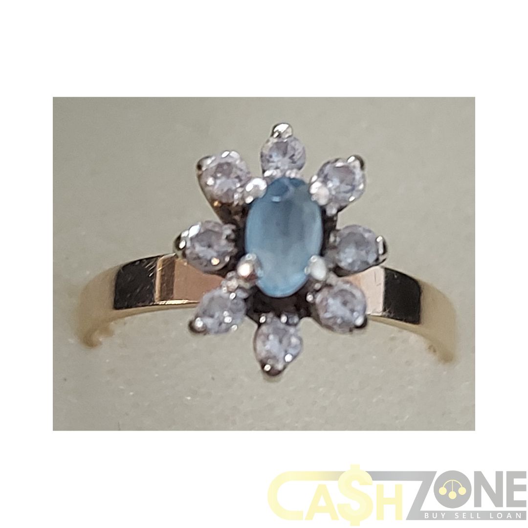 Ladies 9ct Yellow Gold Blue Stone Flower Ring