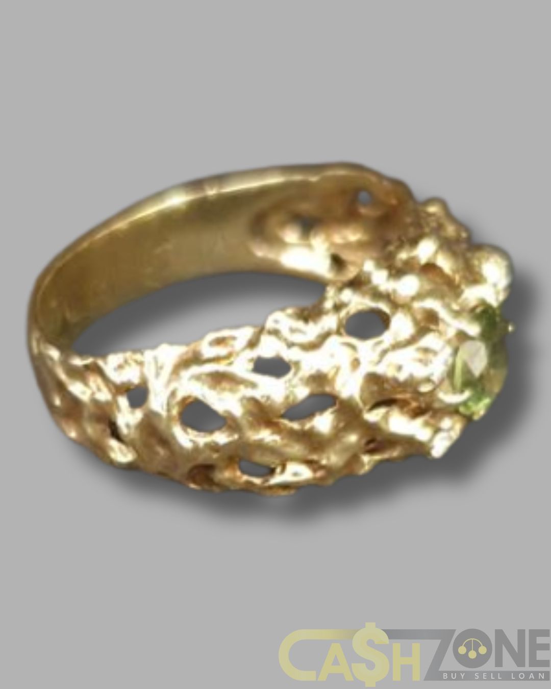 Ladies 9ct Yellow Gold Raw Design Green Stone Ring