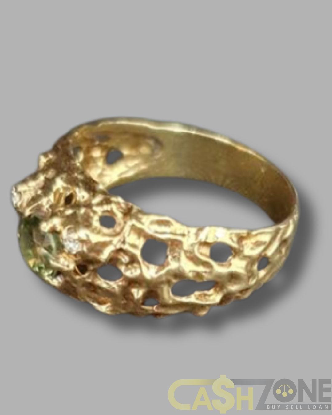 Ladies 9ct Yellow Gold Raw Design Green Stone Ring