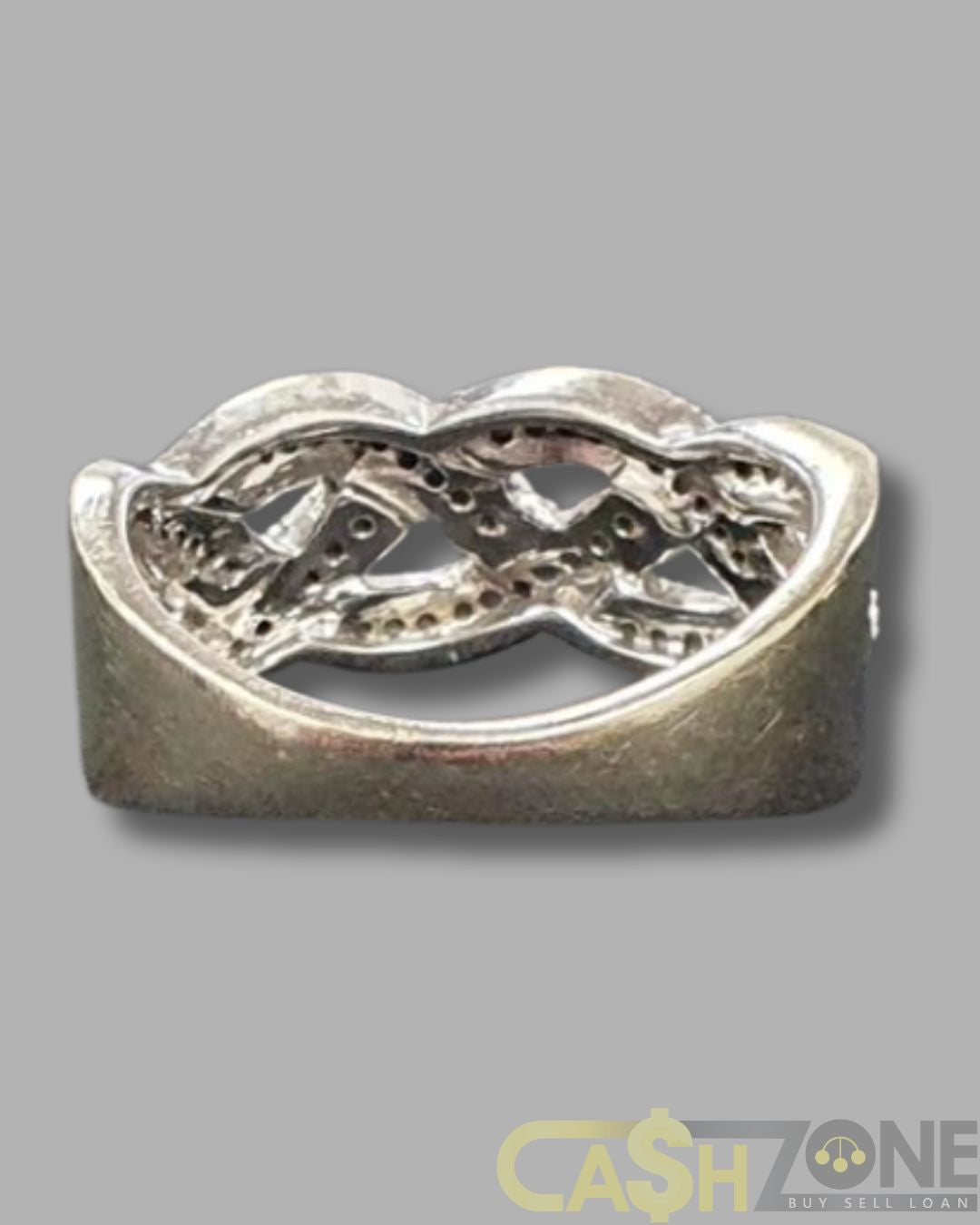 Ladies 10ct White Gold Clear Stone Woven Pattern Ring