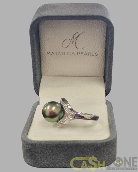 Ladies 18ct White Gold Matahina Tahitian Pearl and Diamond Ring