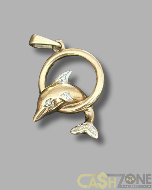 9ct Yellow Gold Dolphin Pendant with Clear Stone