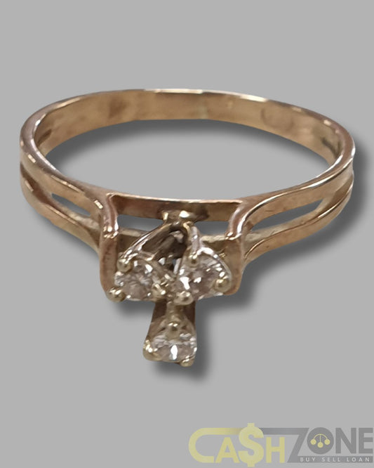 LADIES 9CT YELLOW GOLD RING HIGH SET w 3 CLEAR STONES