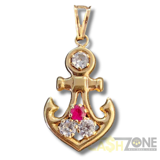 18CT Ladies Yellow Gold Anchor Pendant W/ 1x Red Stone & 3x Clear Stones