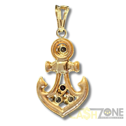 18CT Ladies Yellow Gold Anchor Pendant W/ 1x Red Stone & 3x Clear Stones