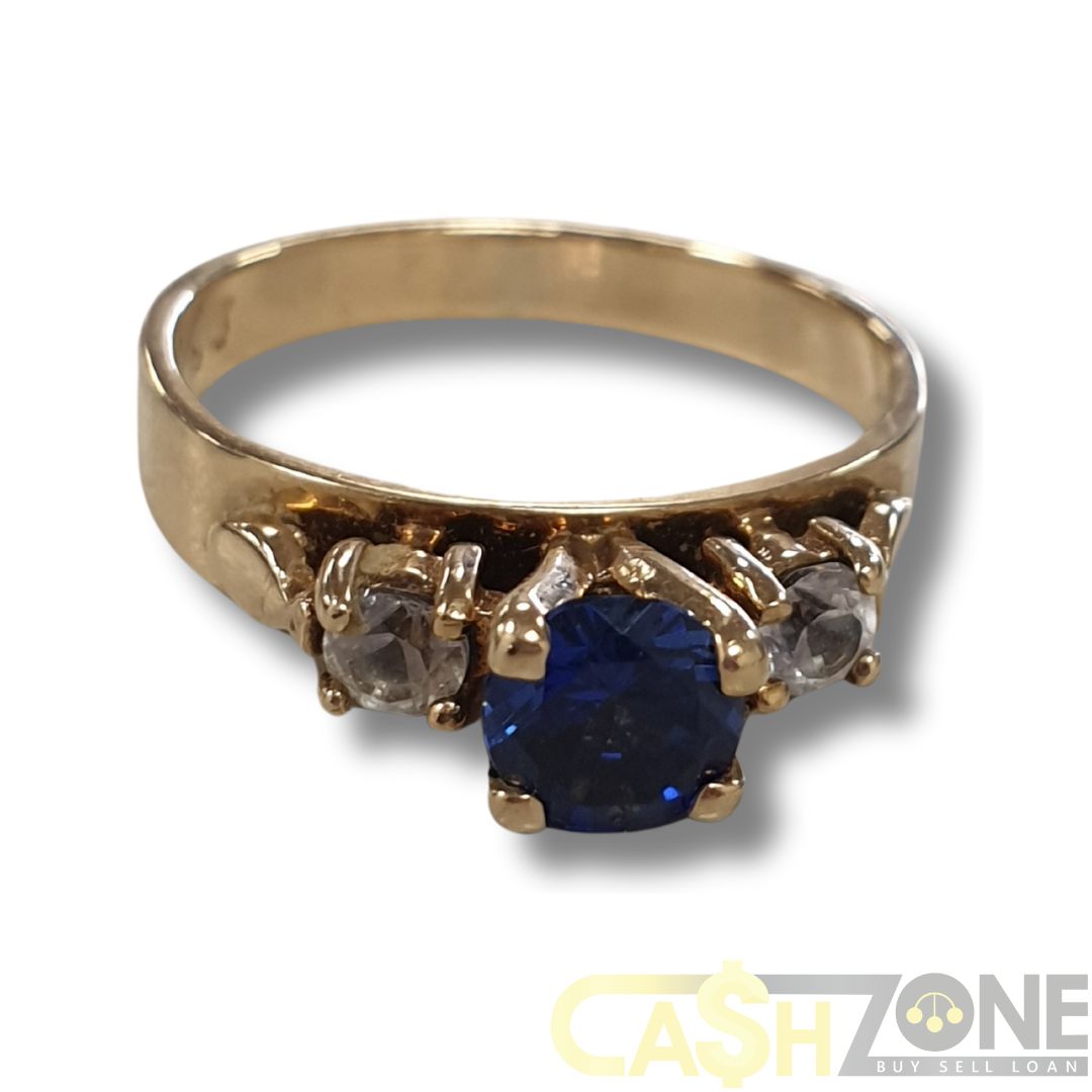 9CT Yellow Gold Ladies Ring W/Blue & Clear Stones