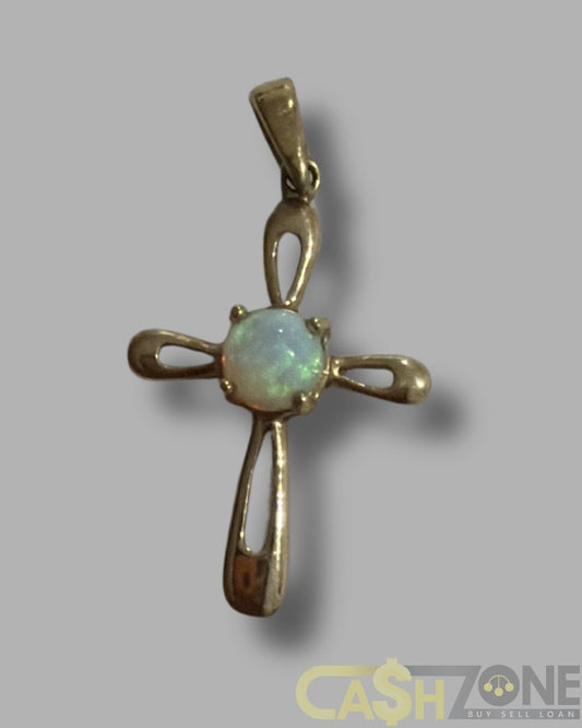 Ladies 9ct Yellow Gold And White Opal Cross Pendant
