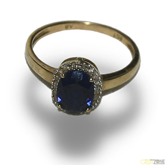 Ladies 9ct Yellow Gold Ring W/ Blue & Clear Stones