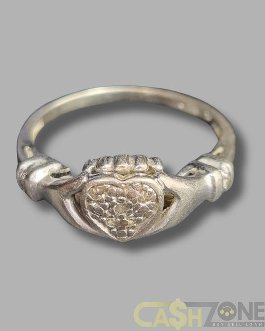 Ladies 9ct White Gold Claddagh Ring With Small Clear Stones