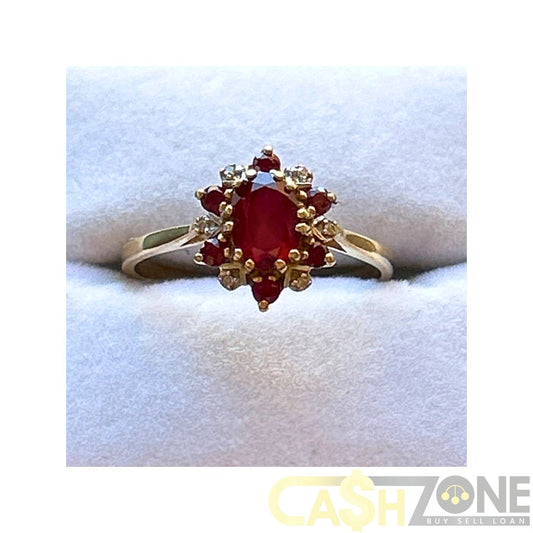 9CT Yellow Gold Ladies Ring W/Red And Clear Stones