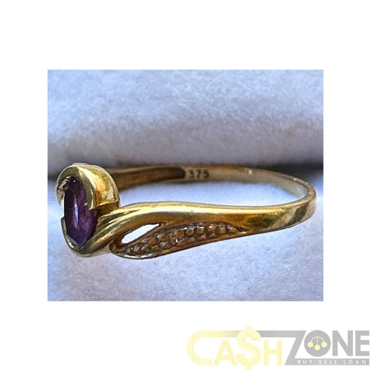 9CT Yellow Gold Ladies Twist Ring W/Purple Stone