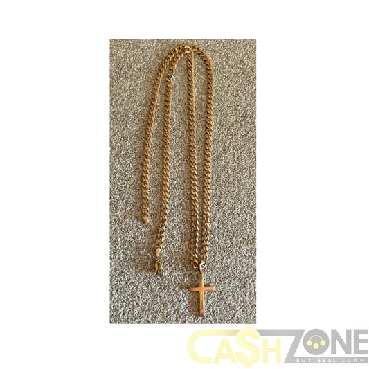 9CT Yellow Gold Unisex 61cm Curb Chain Necklace W/ Cross Pendant