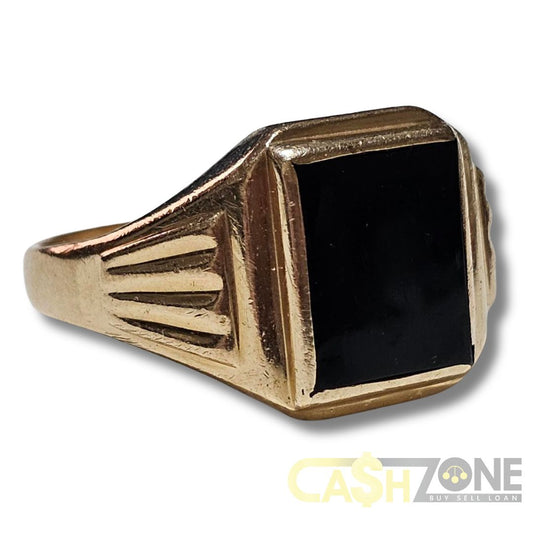 9CT Men's Yellow Gold Ring W/ Square Black Stone