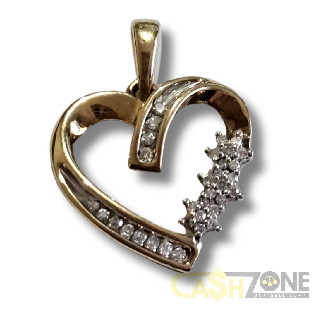 9CT Ladies Yellow Gold Heart Pendant W/ Clear Stones