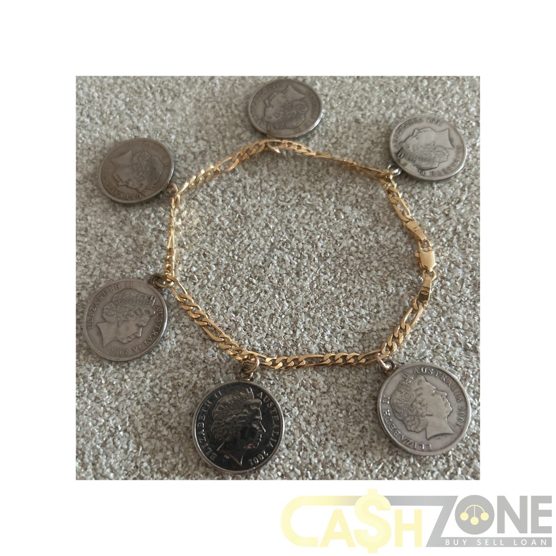 9CT Yellow Gold Figaro Bracelet W/2001 5 Cent Piece Charms