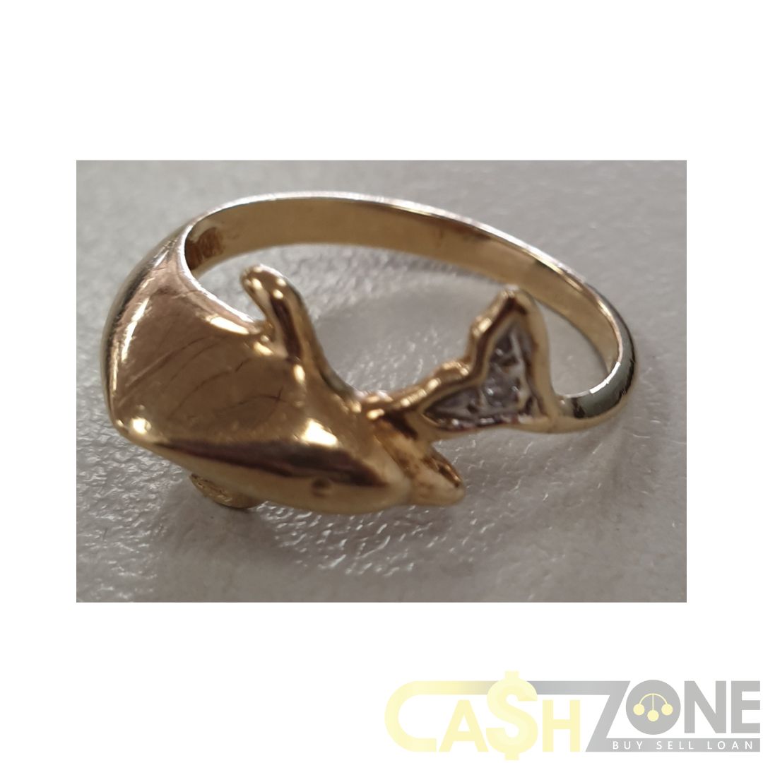 Ladies 9ct Yellow Gold Dolphin Ring W/Clear Stone