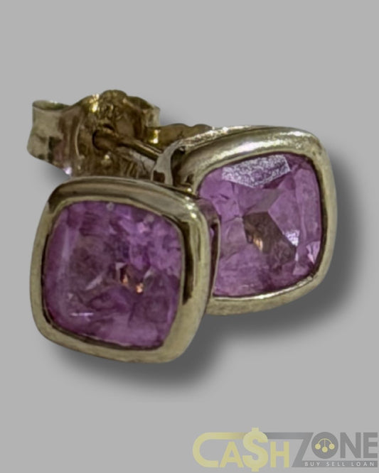 Ladies 9ct Yellow Gold Purple Stone Earrings