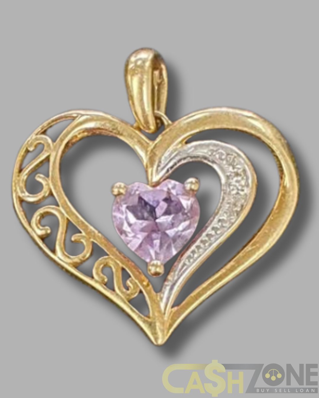 Ladies Yellow Gold Pink Stone Heart Pendant