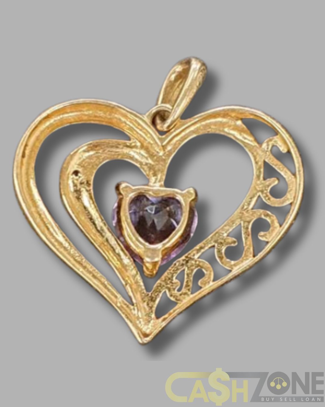 Ladies Yellow Gold Pink Stone Heart Pendant