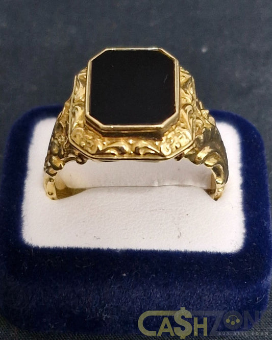 Men's 18ct Yellow Gold Black Onyx Patterned Ring