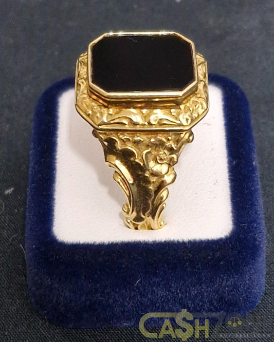Men's 18ct Yellow Gold Black Onyx Patterned Ring