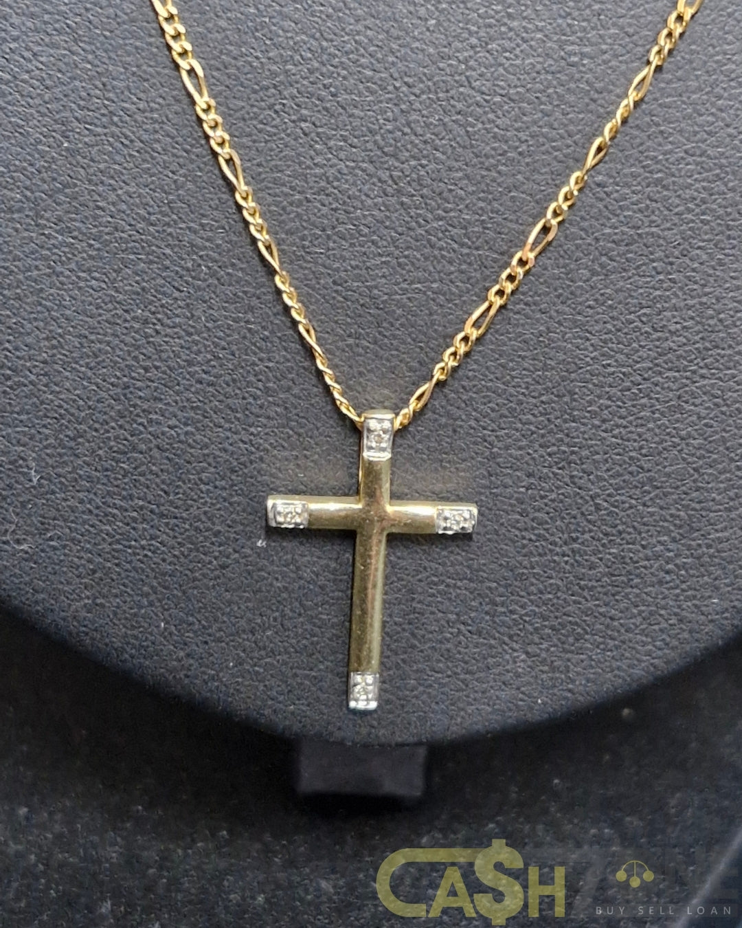 Unisex 9ct Yellow Gold Figaro Chain W/Cross 9ct Pendant