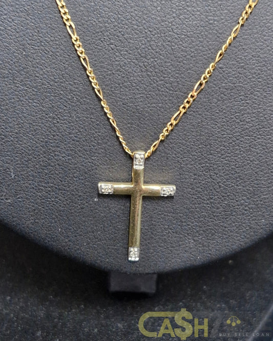 Unisex 9ct Yellow Gold Figaro Chain W/Cross 9ct Pendant