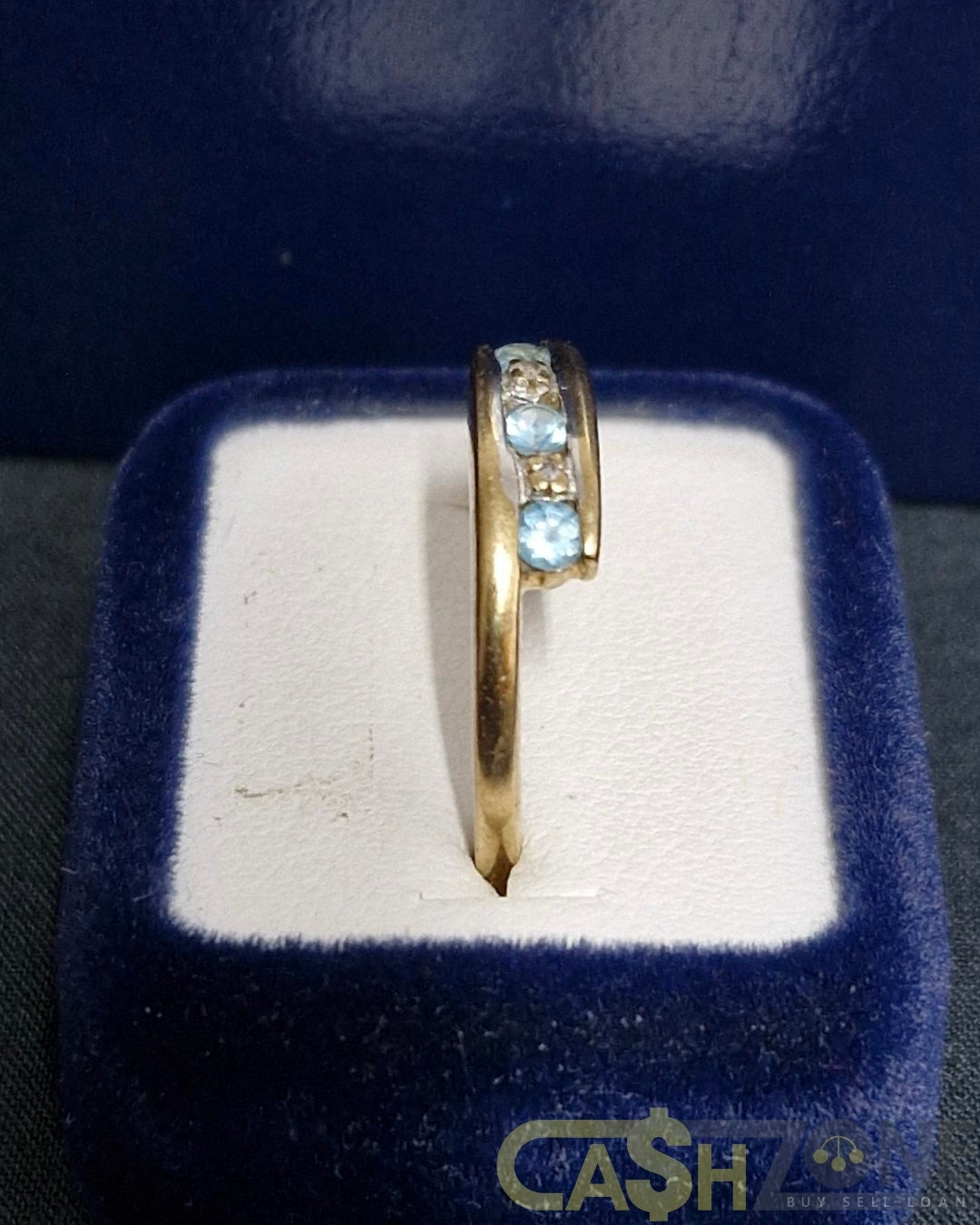 Ladies 9ct Yellow Gold Blue Stone Bypass Ring
