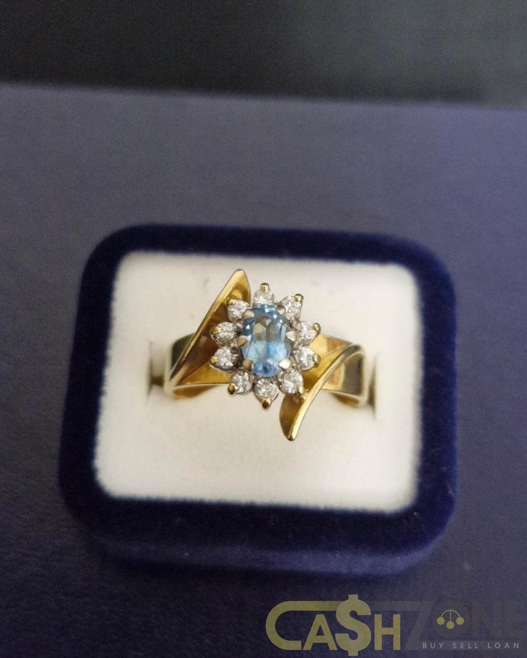 Ladies 18ct Yellow Gold Blue Stone Flower Design Ring