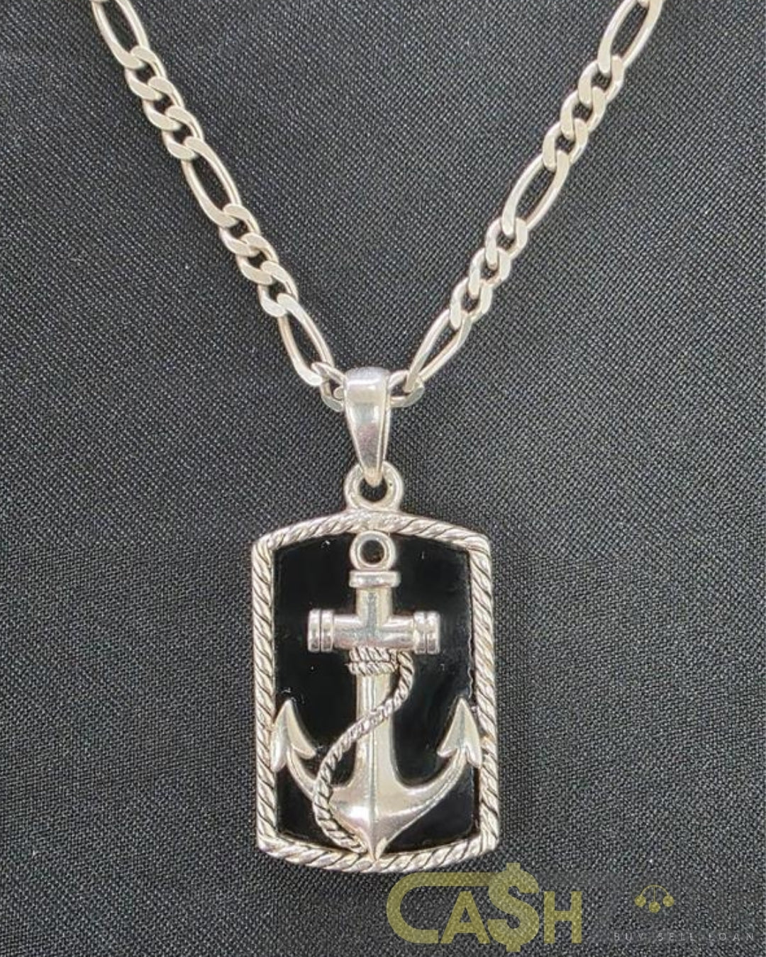 Men's Onyx And Silver Anchor Pendant With Silver Chain