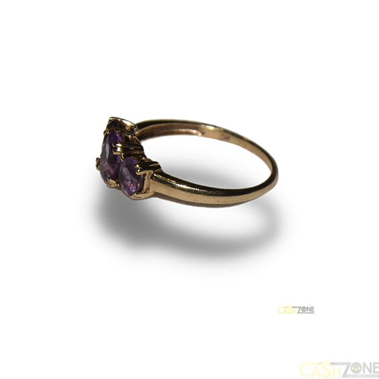 LADIES 9CT YELLOW GOLD RING w PURPLE STONES