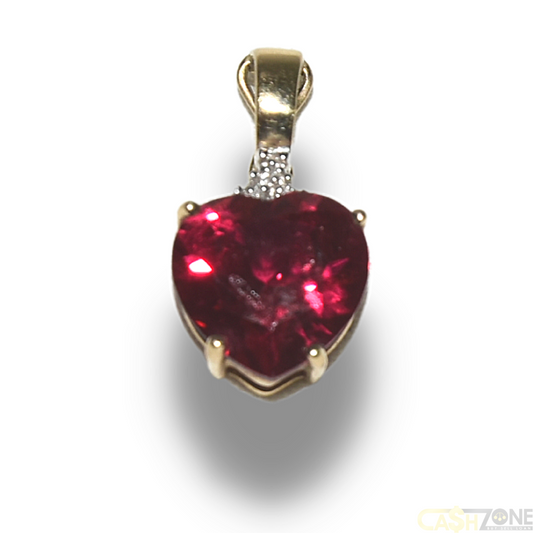 Ladies 9ct Solid Yellow Gold Red Stone Heart Pendant 2.9G