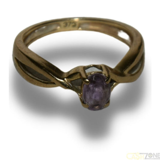 LADIES 9CT YELLOW GOLD RING w PURPLE STONE